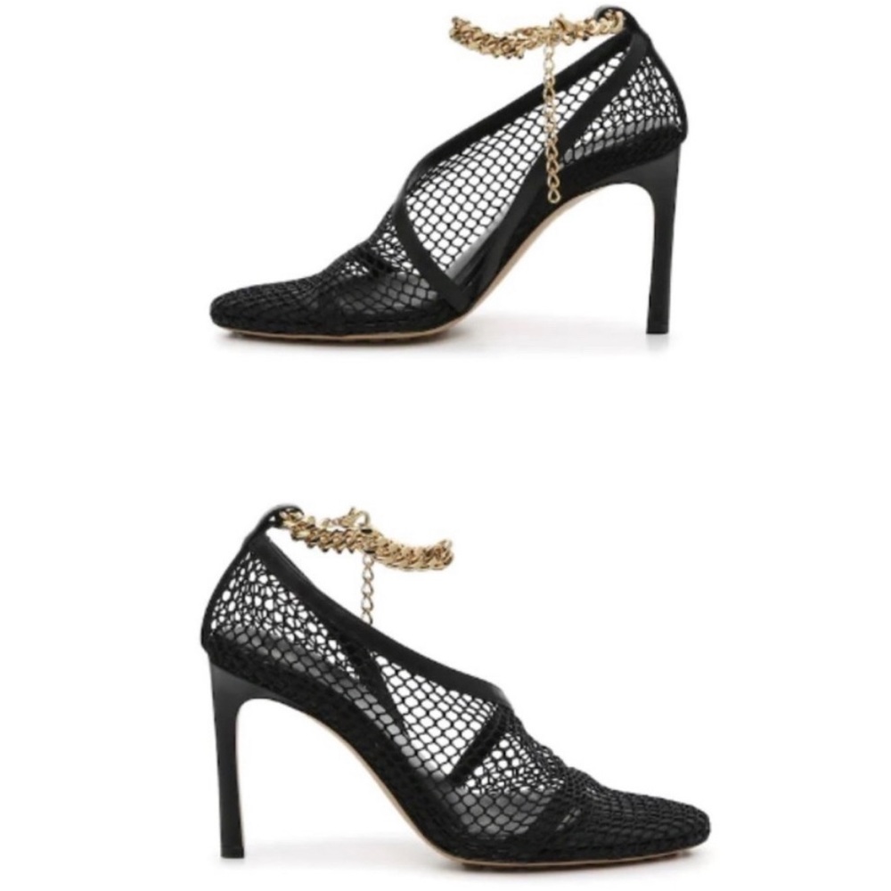 Bottega Veneta Black Mesh Heels with Gold Chain
